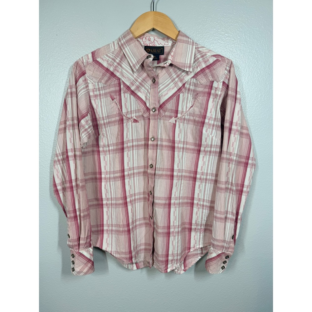 Ariat Shirt Women Medium‎ Pink Plaid Western Pearl Snap Long Sleeve Cotton Top